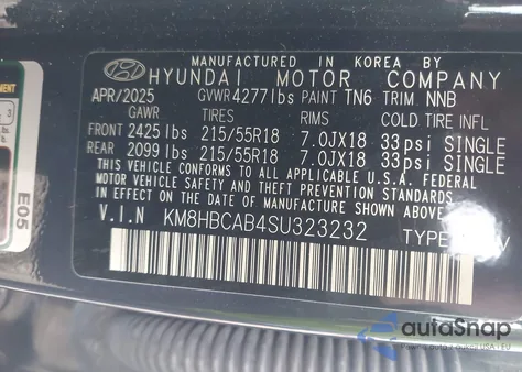 2025 Hyundai Kona Sel z USA, uszkodzony, nr VIN KM8HBCAB4SU323232